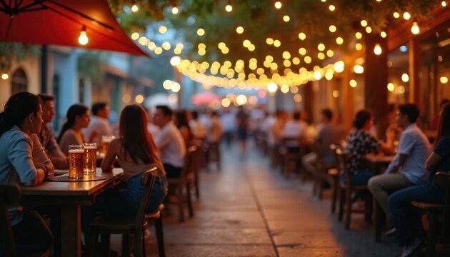 People enjoy beer at outdoor street bar in city. Friends celebrate at night gathering under bokeh lights. Asian cafe offers drinks, fun entertainment. Urban nightlife, blurred crowd, social event,
