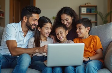 Happy hispanic family uses laptop at home. They smile and laugh looking at screen. Parents and children enjoy time together indoors. Tech connects relatives in video call.