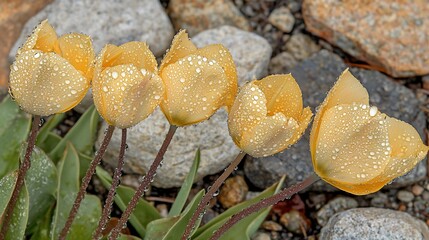 Pale yellow tulips with dew drops in rocky garden. Possible use Nature, spring, flora photography