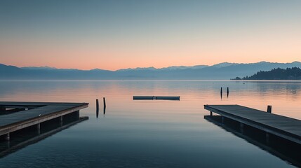 Obraz premium Serene sunset reflections over calm lake mountainous backdrop landscape photography tranquil environment wide-angle view