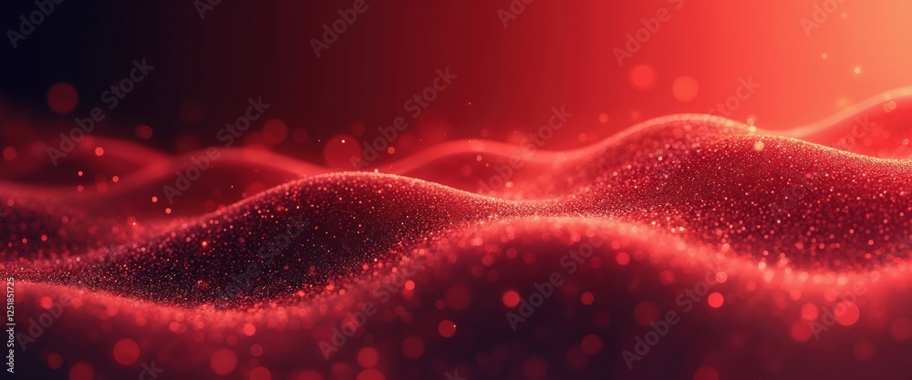 Poster Illustration of red gradient wave dot texture background for tech, digital concepts. Abstract motion graphic with glowing light effect, futuristic design with blurry mesh, vibrant gradient colors