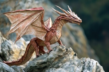 Origami Dragon Perched on a Rocky Outcropping