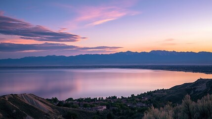 Obraz premium Serene sunset reflection over lake mountainous landscape scenic photography twilight viewpoint nature's beauty