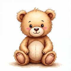 Fototapeta premium Adorable watercolor illustration of cute brown teddy bear doll isolated on white background. Smiling plush toy with pink cheeks for baby shower, birthday cards, poster designs. Graphic resource for