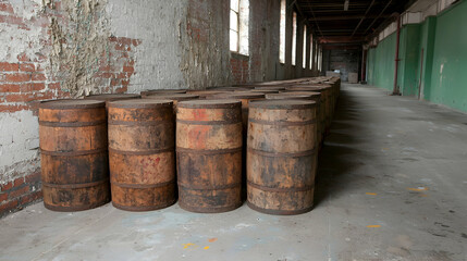 Naklejka premium Old wooden barrels in a derelict factory warehouse. Industrial storage, background texture