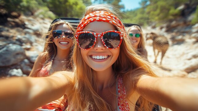 Joyful Road Trip: Women Enjoying a Summer Adventure in Nature with Retro Fashion