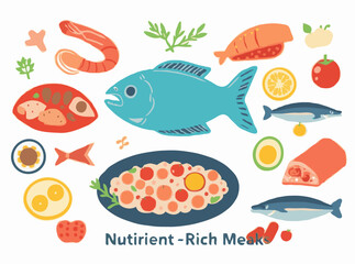 Naklejka premium Fresh Seafood Selection Vector Graphics for Nutrient-Rich Meals