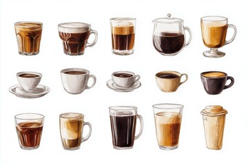 Collection of realistic coffee illustrations showcasing espresso, latte, cappuccino, and traditional brews, highlighting rich aroma, warm aesthetics, and caffeine culture, Generative AI