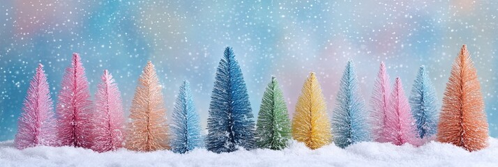 A colorful arrangement of artificial trees on a snow-covered surface with a cozy winter backdrop. with copyspace