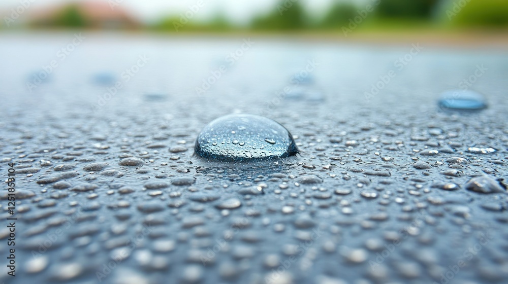 Poster Water droplet on hydrophobic surface, outdoor, rain, background blurred