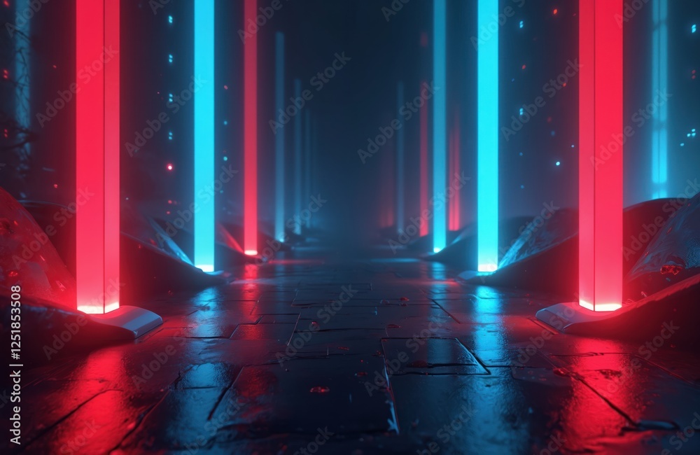Poster abstract generative ai illustration with neon lights, geometric shapes, creating futuristic cyber sp
