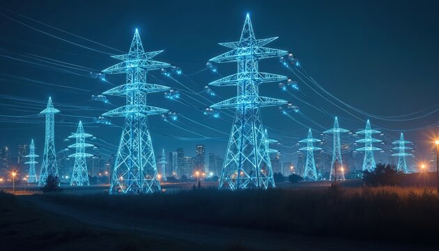 High power electricity pylon towers with cables in urban area, connect to smart grid. Energy supply, distribution, transmission concept. High voltage supply at night with horizon city landscape, blue