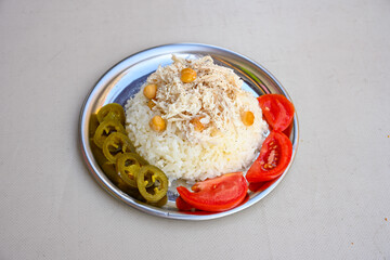 Traditional delicious Turkish food; Turkish style rice pilaf (Turkish name; Arpa sehriyeli. tavuk,...