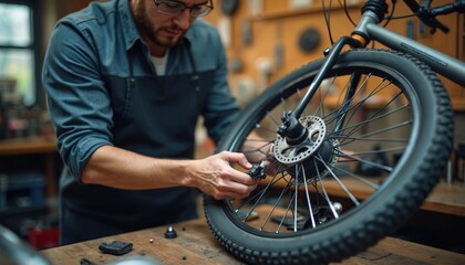 Bearded mechanic repairs bike wheel indoors. Man works in workshop. Guy fixes tire. Bicycle service engineer, bike repair process and cycling tech for transportation concept. Mechanic occupation.