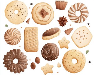 Delightful assortment of cookies in various shapes and flavors, perfect for dessert lovers.