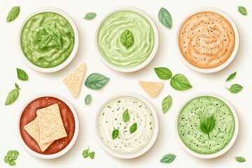 Creamy dips in bowls with herbs and crackers, perfect for snacking.