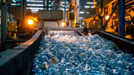 A large conveyor belt transports a mass of collected plastic bottles in a recycling facility. The space is brightly lit with equipment in the background, showcasing recycling efforts