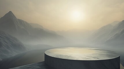 Misty sunrise over circular plateau mountain range digital art serene environment wide-angle view tranquility concept