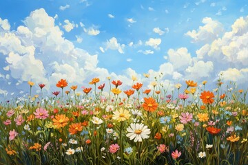 Obraz premium Colorful Wildflowers in a Meadow Against a Blue Sky with Fluffy Clouds