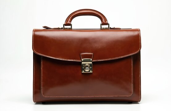 Isolated brown leather briefcase on white background. Luxury business bag with handle for laptop documents. Elegant fashion accessory for office, work, travel. Professional style, expensive design.
