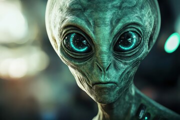 Close-up portrait of a grey alien with glowing blue eyes