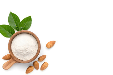 Almond flour in wooden bowl, isolated on white background