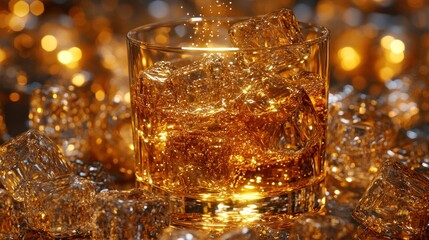 Whiskey splash, ice, glass, festive bokeh, drinks