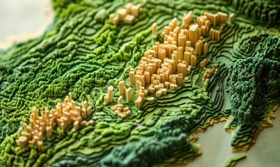 Cityscape relief model, coastal region, green hills, urban development, architectural design