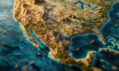 Coastal California landscape, sunrise, sailing boats, textured relief map, geography education