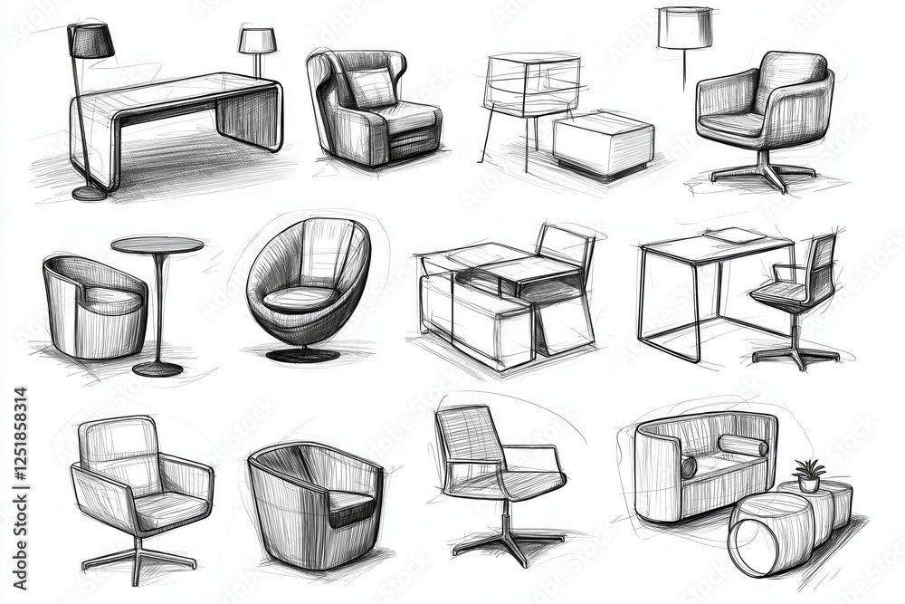 Poster hand-drawn furniture design sketches featuring various modern chair and table concepts, emphasizing 