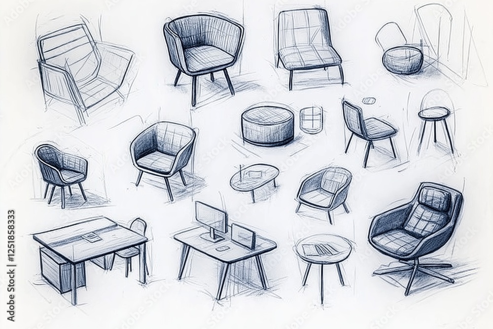 Poster hand-drawn furniture design sketches featuring various modern chair and table concepts, emphasizing 