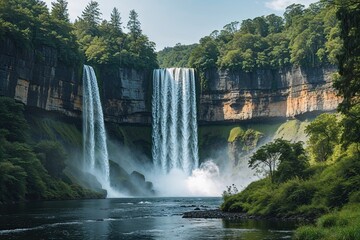 Stunning Waterfall Flowing Over Cliffs Amidst Vibrant Forest - Tranquil Nature Scene