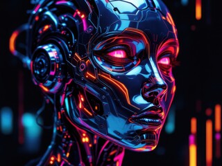 Futuristic Cyborg Head with Neon Lights and Advanced Technology"