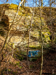 Felswände eines alten Steinbruchs im Wald
