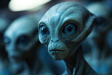 Naklejka premium Close-up Portrait of a Grey Alien with Large Blue Eyes