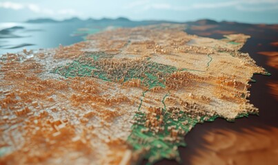 Coastal Island Terrain 3D Model, Sunlit, Ocean Background, Geographic Data Visualization