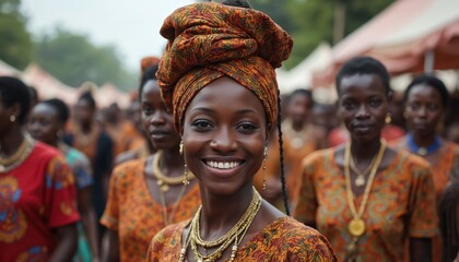 Crowd wearing ethnic clothes. Woman with headdress smiles. People celebrate cultural event. African awareness demonstration heritage, success, power, freedom. National day concept art celebrates