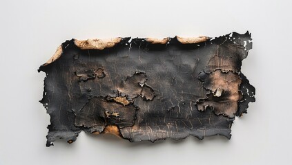 Close-up of a charred and fragmented piece of material, displaying a mix of black and burnt orange hues against a stark white background. The texture is rough and uneven