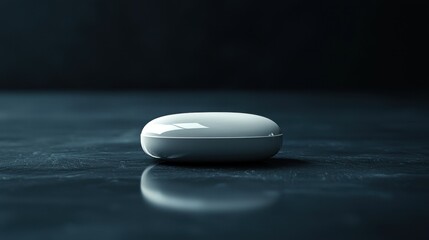 A white pill sits on a dark surface