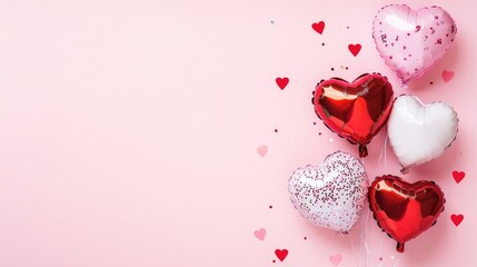 Minimal Valentine's Day background with red, white, and pink heart-shaped balloons and scattered confetti on a soft pink backdrop. Ideal for romantic designs and festive celebrations