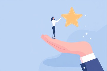 Obraz premium a large hand holding a small woman, reaching for a shining star on the palm against a blue background