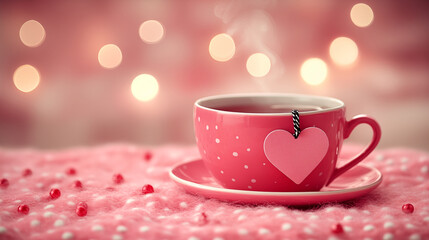 Pink polka dot teacup with heart shaped tag on romantic background, perfect for valentines day and love themed concepts