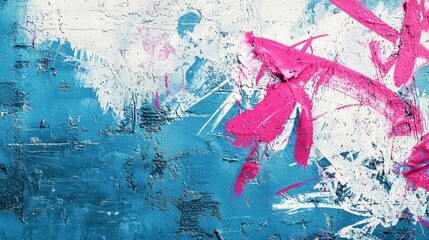 A blue and pink painting with white splatters
