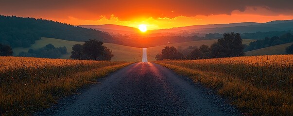 Scenic asphalt road leading towards a fiery sunset over rolling green hills and golden fields
