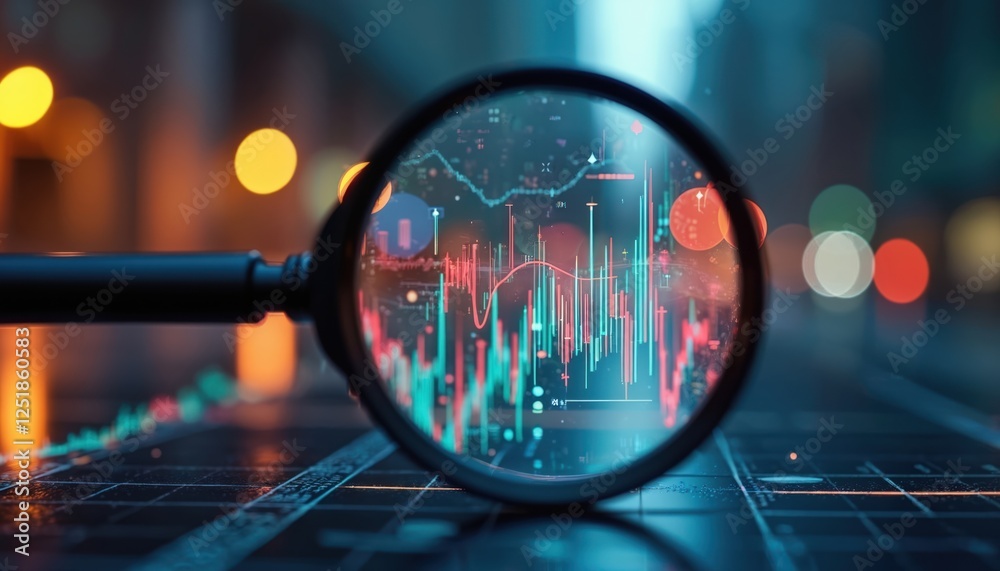 Poster magnifying glass focuses on abstract digital stock market graph with bokeh lights. financial tech in