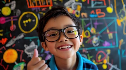 A young boy wearing glasses is smiling and giving a thumbs up
