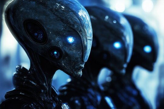 Close-up of a Line of Dark, Futuristic, Glowing-Eyed Humanoids