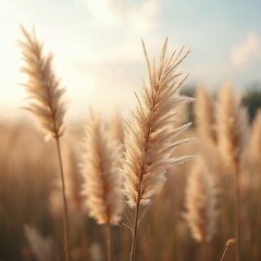 Pampas grass blooms in field during sunset. These ornamental plants showcase natural beauty with their soft beige plumage in garden. Landscape highlights calm gold tone and summer vibes.
