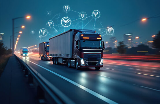 Illustration of company vehicle fleet with GPS tracking, real-time monitoring. Trucks drive at night. Fleet management system visualizes logistic business process automation, control, remote access.