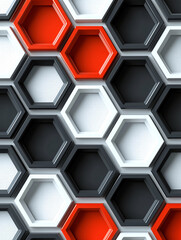 Abstract geometric background with repeating hexagons in red, white, and black colors with a textured base.